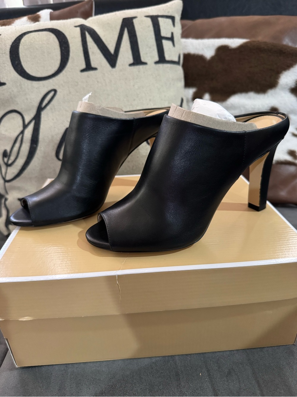 Michael Kors Black Leather Peep-Toe Mule Heels